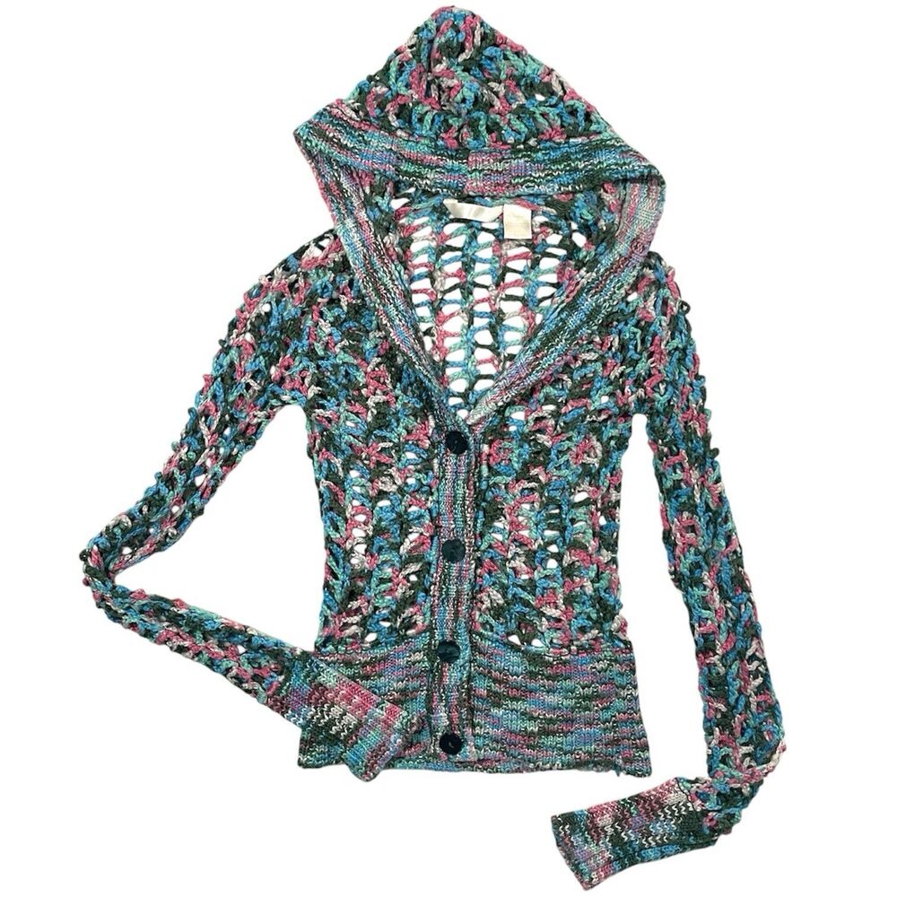 Y2k Mermaidcore Crochet Knit Hoodie Cardigan Small Chunky Button Acrylic